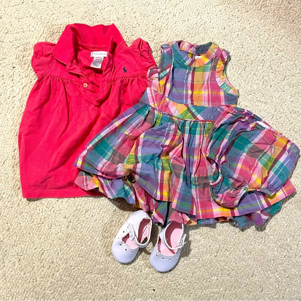 Ralph Lauren Bundle 6M plaid salmon pink dresses (off brand shoes, 1 cover miss)